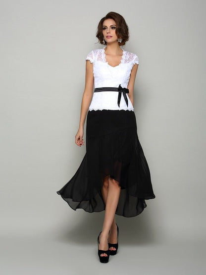 NumberSea - A - Line/Princess V - neck Sash/Ribbon/Belt Sleeveless High Low Chiffon Mother of the Bride Dresses