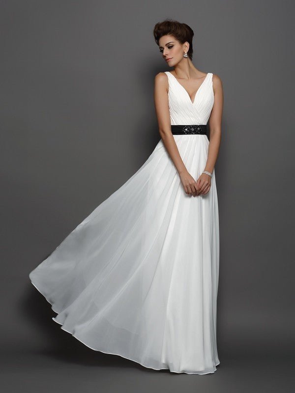 NumberSea - A - Line/Princess V - neck Sash/Ribbon/Belt Sleeveless Long Chiffon Wedding Dresses