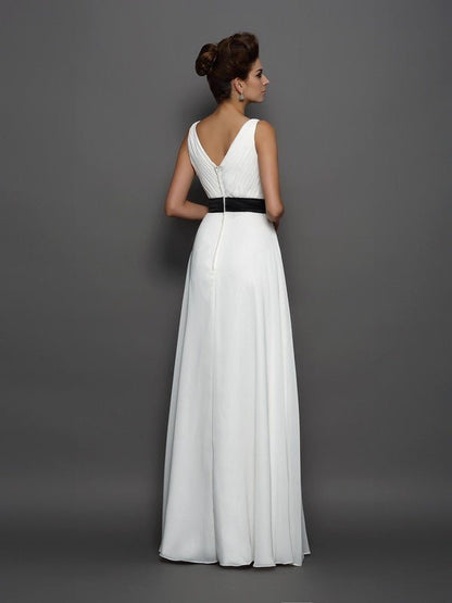 NumberSea - A - Line/Princess V - neck Sash/Ribbon/Belt Sleeveless Long Chiffon Wedding Dresses