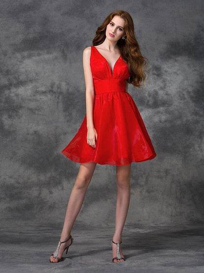 NumberSea - A - line/Princess V - neck Sash/Ribbon/Belt Sleeveless Short Organza Cocktail Dresses