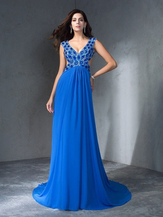 NumberSea - A - Line/Princess V - neck Sequin Sleeveless Long Chiffon Dresses