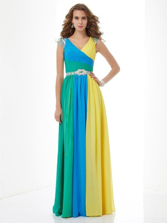 NumberSea - A - Line/Princess V - neck Short Sleeves Beading Long Chiffon Dresses