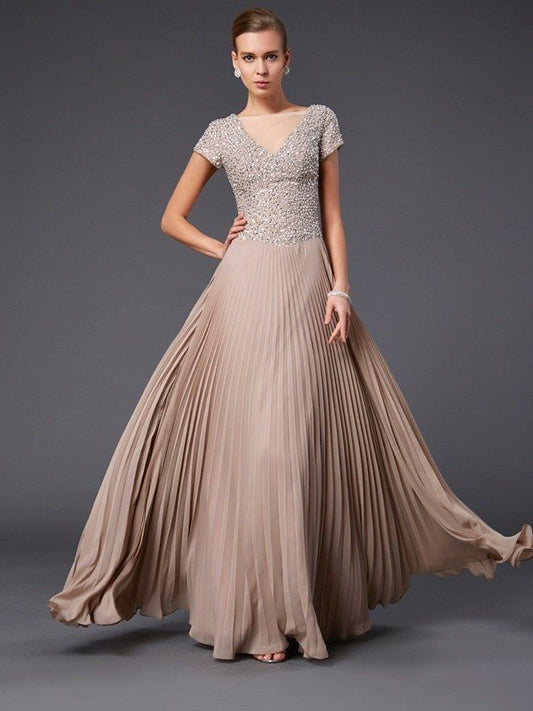 NumberSea - A - Line/Princess V - neck Short Sleeves Beading Long Chiffon Mother of the Bride Dresses