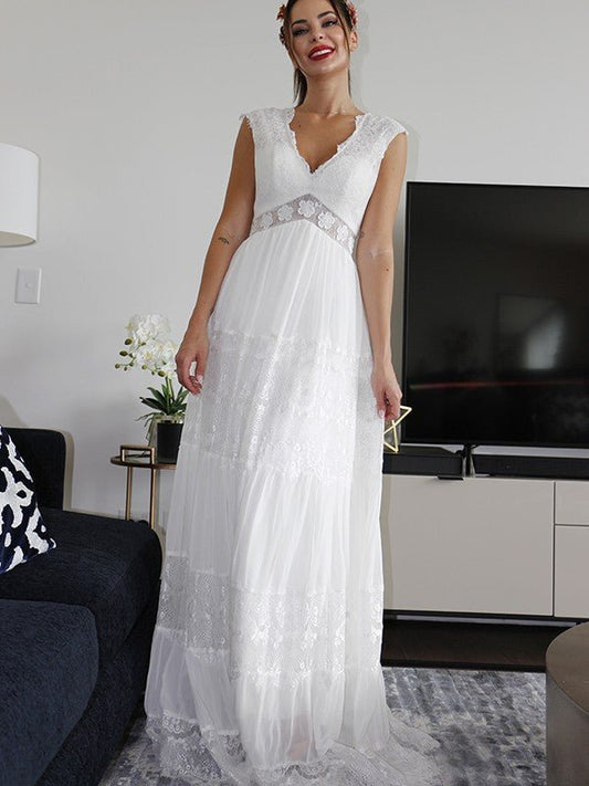 NumberSea - A - Line/Princess V - neck Short Sleeves Lace Ruched Floor - Length Wedding Dresses