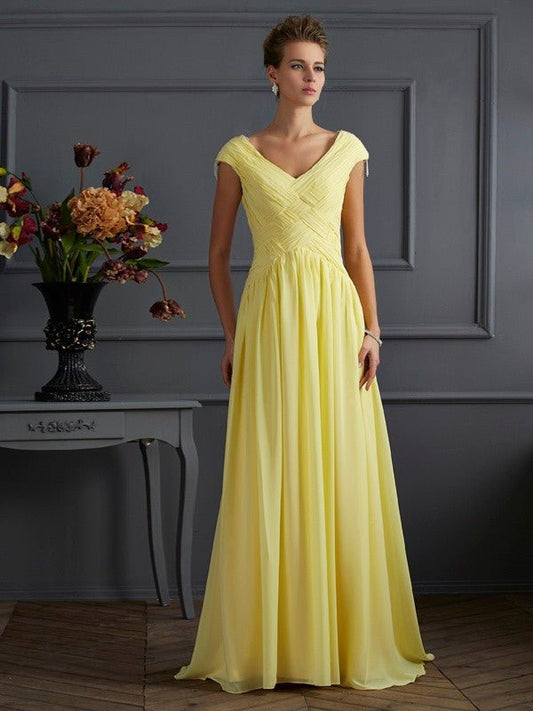 NumberSea - A - Line/Princess V - neck Short Sleeves Pleats Long Chiffon Dresses