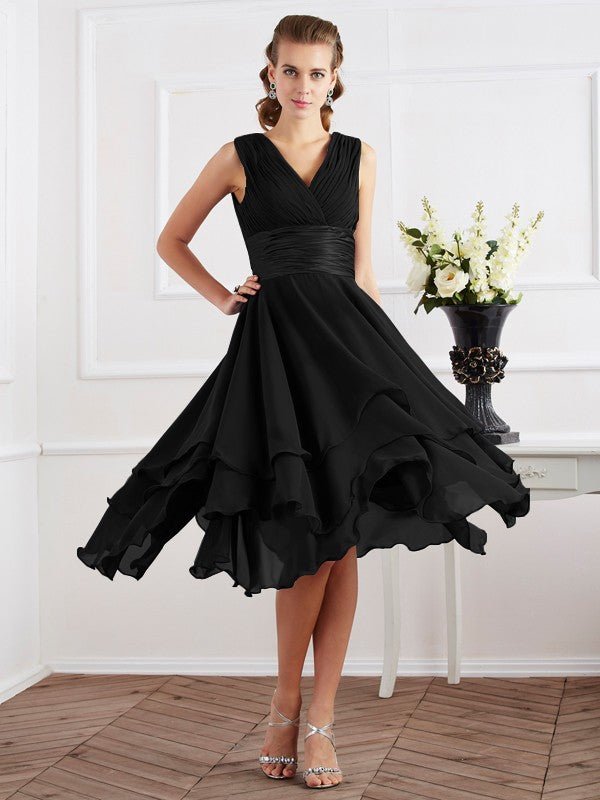 NumberSea - A - Line/Princess V - neck Short Sleeves Pleats Short Chiffon Bridesmaid Dresses