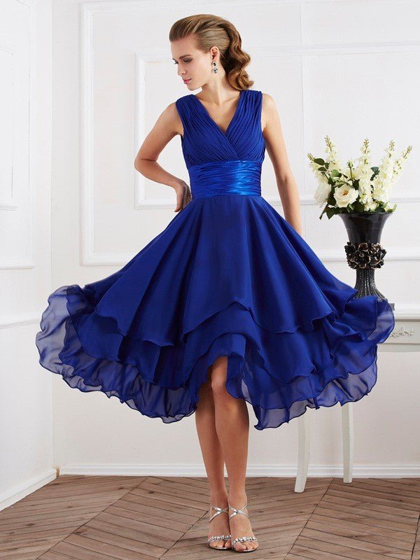 NumberSea - A - Line/Princess V - neck Short Sleeves Pleats Short Chiffon Bridesmaid Dresses