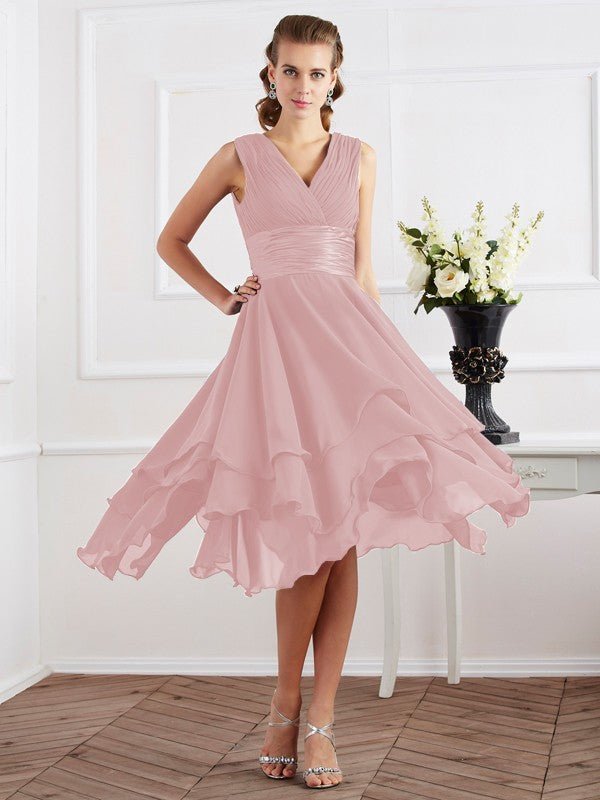 NumberSea - A - Line/Princess V - neck Short Sleeves Pleats Short Chiffon Bridesmaid Dresses