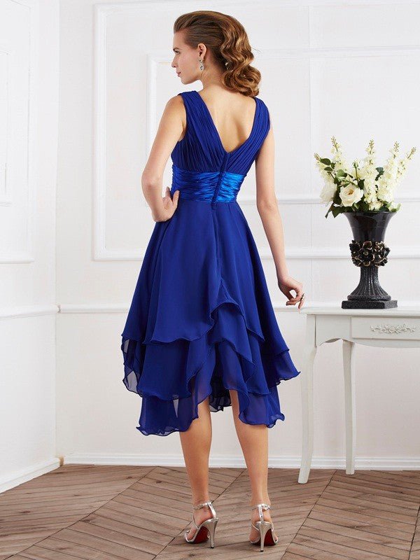 NumberSea - A - Line/Princess V - neck Short Sleeves Pleats Short Chiffon Bridesmaid Dresses