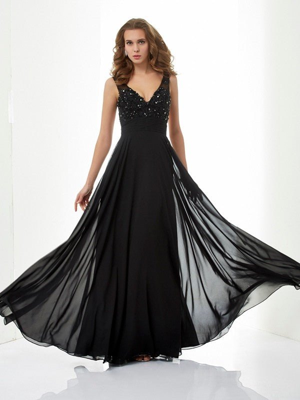 NumberSea - A - Line/Princess V - neck Sleeveless Beading Applique Long Chiffon Dresses