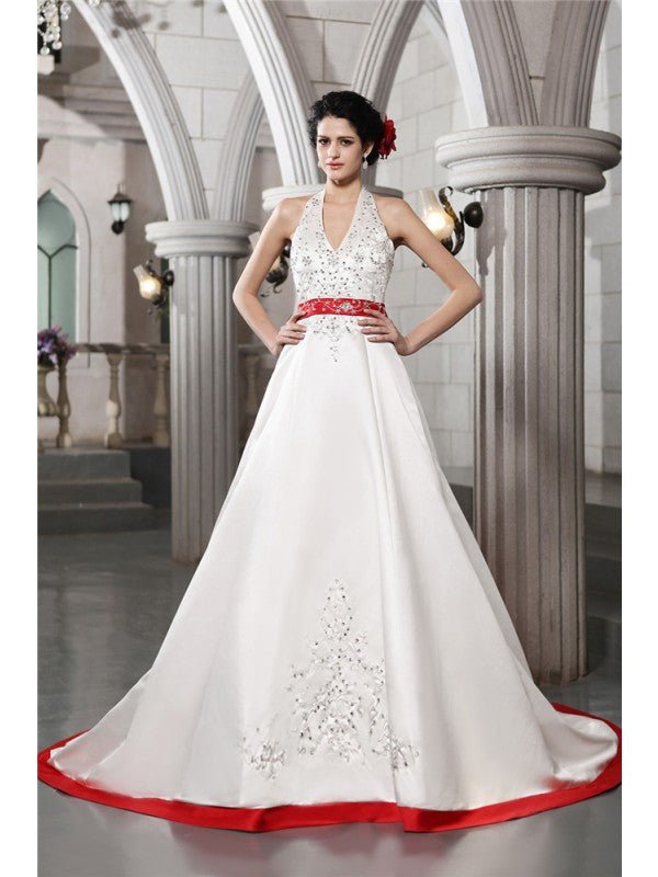 NumberSea - A - Line/Princess V - neck Sleeveless Beading Embroidery Long Satin Wedding Dresses