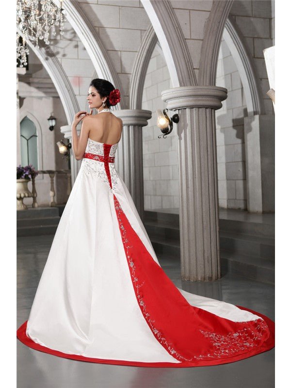 NumberSea - A - Line/Princess V - neck Sleeveless Beading Embroidery Long Satin Wedding Dresses