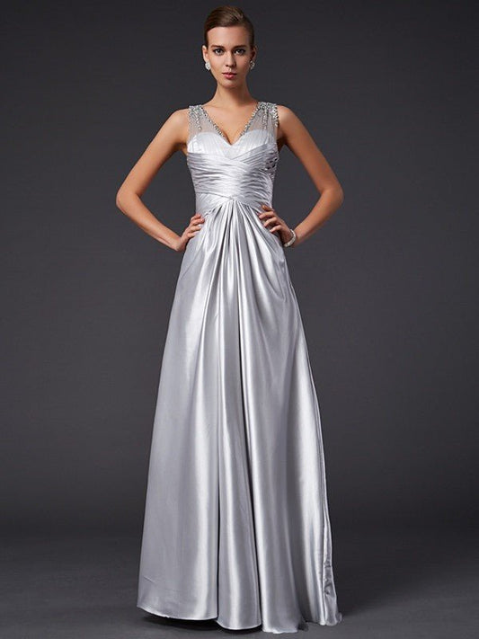 NumberSea - A - Line/Princess V - neck Sleeveless Beading Long Elastic Woven Satin Dresses