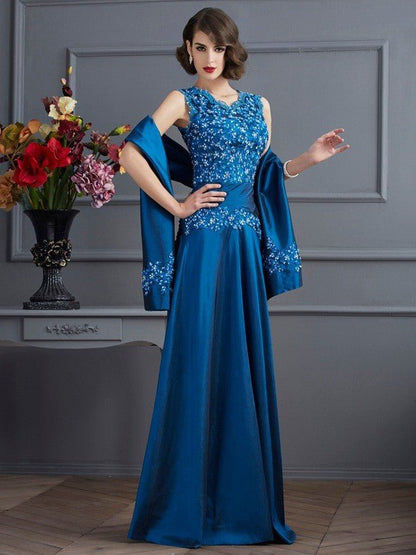 NumberSea - A - Line/Princess V - neck Sleeveless Beading Long Taffeta Mother of the Bride Dresses