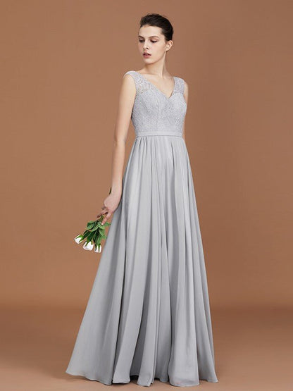 NumberSea - A - Line/Princess V - neck Sleeveless Floor - Length Chiffon Lace Bridesmaid Dress