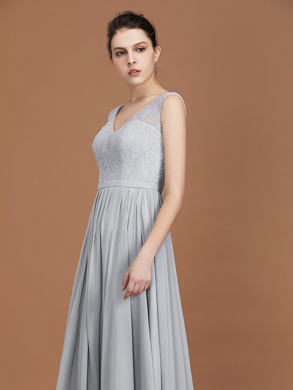 NumberSea - A - Line/Princess V - neck Sleeveless Floor - Length Chiffon Lace Bridesmaid Dress