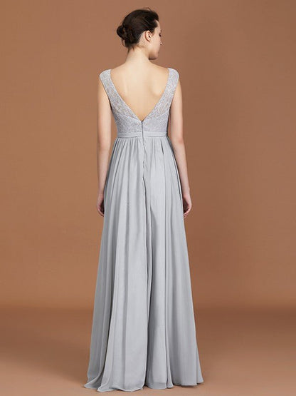 NumberSea - A - Line/Princess V - neck Sleeveless Floor - Length Chiffon Lace Bridesmaid Dress