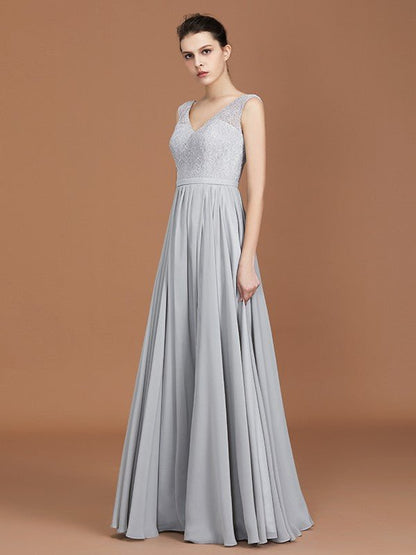 NumberSea - A - Line/Princess V - neck Sleeveless Floor - Length Chiffon Lace Bridesmaid Dress