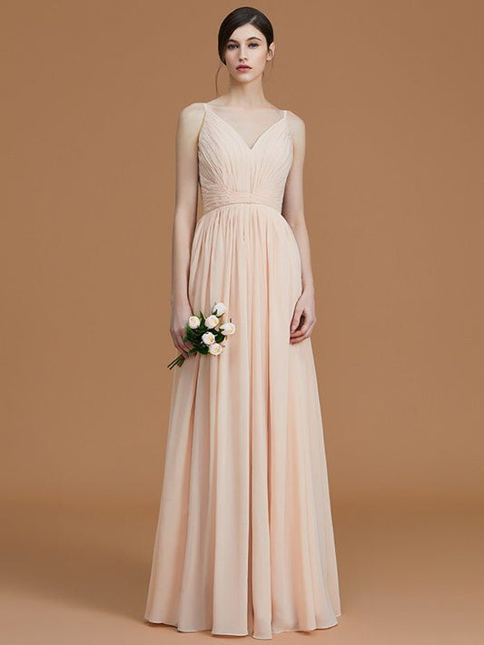 NumberSea - A - Line/Princess V - neck Sleeveless Floor - Length Ruffles Chiffon Bridesmaid Dresses