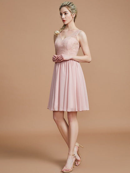 NumberSea - A - Line/Princess V - neck Sleeveless Lace Short/Mini Chiffon Bridesmaid Dresses