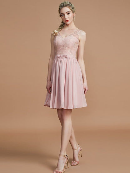 NumberSea - A - Line/Princess V - neck Sleeveless Lace Short/Mini Chiffon Bridesmaid Dresses