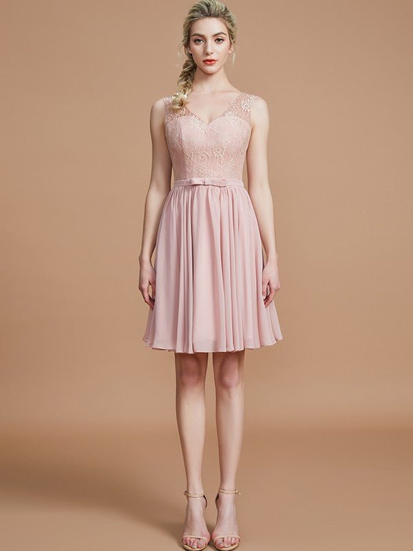 NumberSea - A - Line/Princess V - neck Sleeveless Lace Short/Mini Chiffon Bridesmaid Dresses