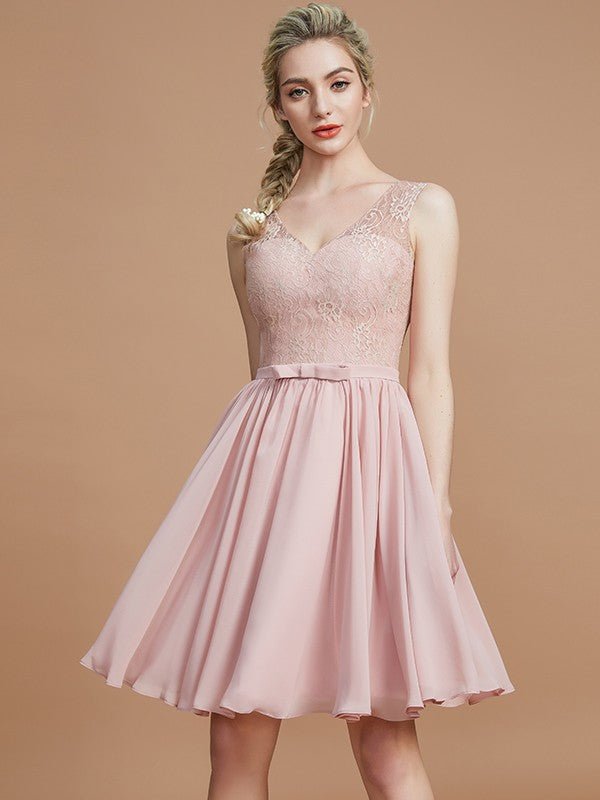 NumberSea - A - Line/Princess V - neck Sleeveless Lace Short/Mini Chiffon Bridesmaid Dresses