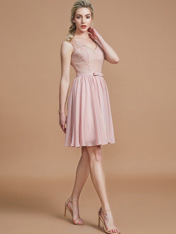 NumberSea - A - Line/Princess V - neck Sleeveless Lace Short/Mini Chiffon Bridesmaid Dresses