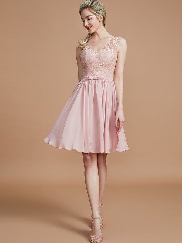 NumberSea - A - Line/Princess V - neck Sleeveless Lace Short/Mini Chiffon Bridesmaid Dresses