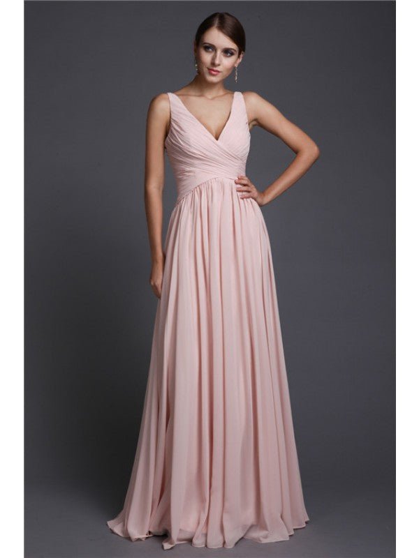 NumberSea - A - Line/Princess V - neck Sleeveless Long Ruffles Chiffon Bridesmaid Dresses