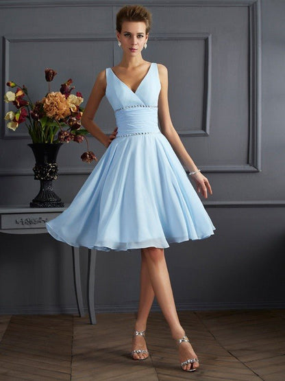 NumberSea - A - Line/Princess V - neck Sleeveless Pleats Short Chiffon Bridesmaid Dresses