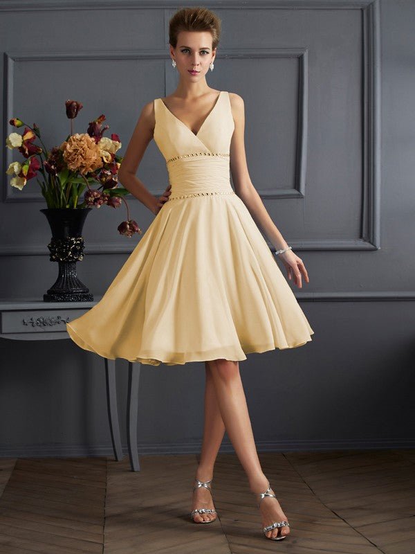 NumberSea - A - Line/Princess V - neck Sleeveless Pleats Short Chiffon Bridesmaid Dresses