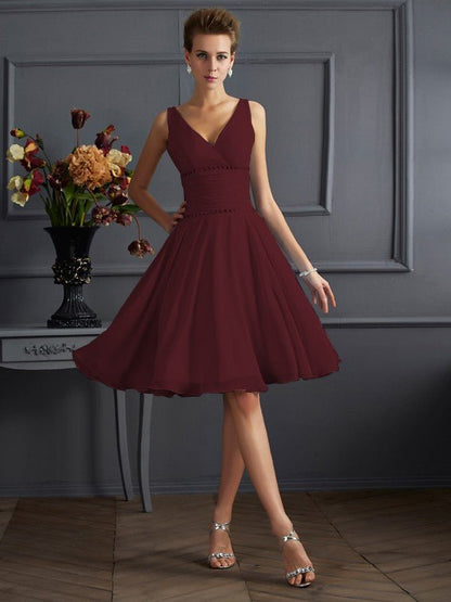 NumberSea - A - Line/Princess V - neck Sleeveless Pleats Short Chiffon Bridesmaid Dresses