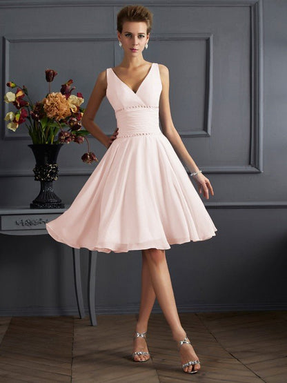 NumberSea - A - Line/Princess V - neck Sleeveless Pleats Short Chiffon Bridesmaid Dresses