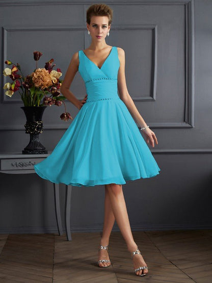 NumberSea - A - Line/Princess V - neck Sleeveless Pleats Short Chiffon Bridesmaid Dresses