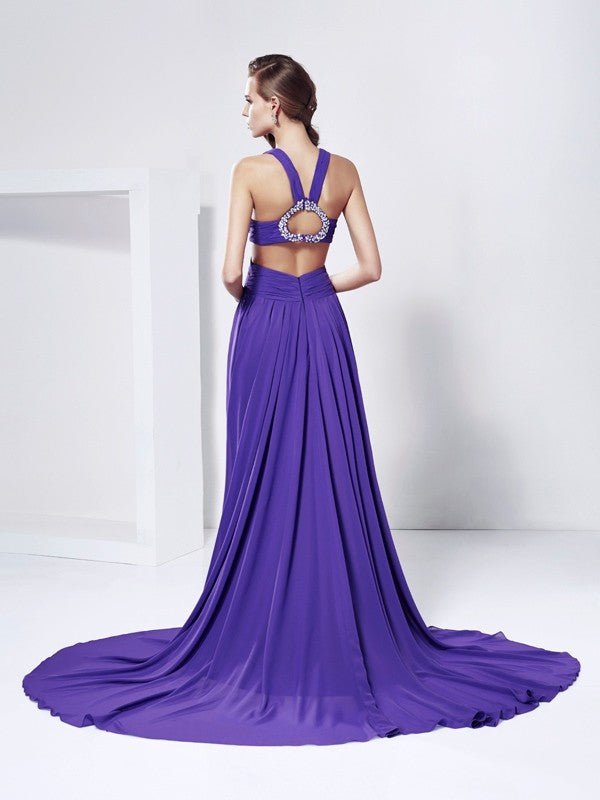 NumberSea - A - Line/Princess V - neck Sleeveless Rhinestone Long Chiffon Dresses