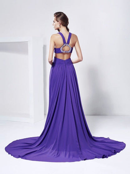 NumberSea - A - Line/Princess V - neck Sleeveless Rhinestone Long Chiffon Dresses