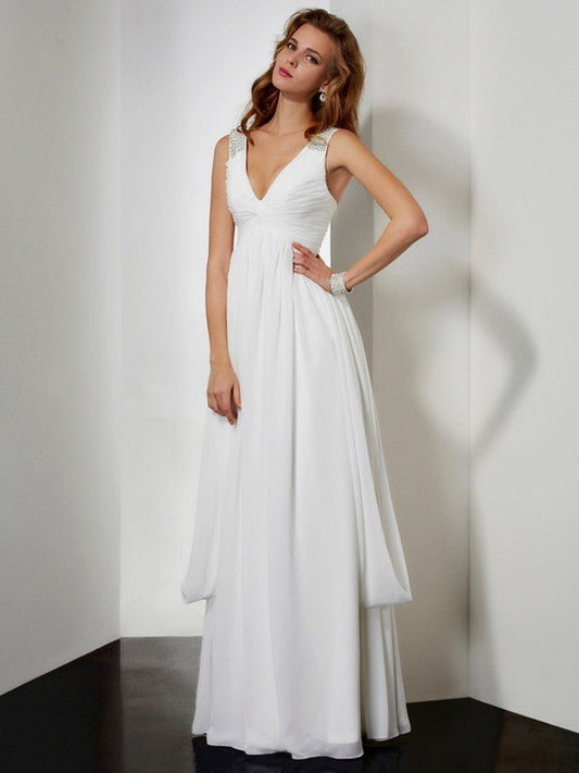 NumberSea - A - Line/Princess V - neck Sleeveless Rhinestone Long Chiffon Dresses