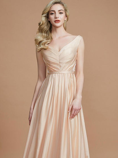 NumberSea - A - Line/Princess V - neck Sleeveless Ruched Floor - Length Silk like Satin Bridesmaid Dresses