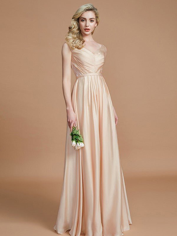 NumberSea - A - Line/Princess V - neck Sleeveless Ruched Floor - Length Silk like Satin Bridesmaid Dresses