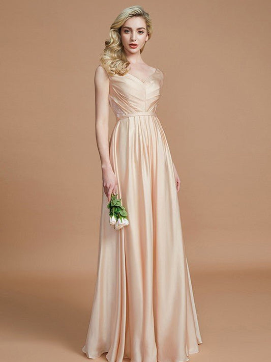 NumberSea - A - Line/Princess V - neck Sleeveless Ruched Floor - Length Silk like Satin Bridesmaid Dresses