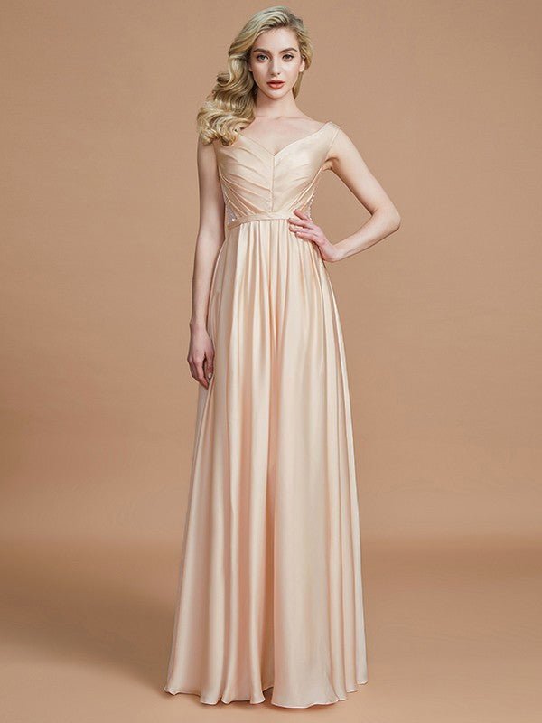 NumberSea - A - Line/Princess V - neck Sleeveless Ruched Floor - Length Silk like Satin Bridesmaid Dresses