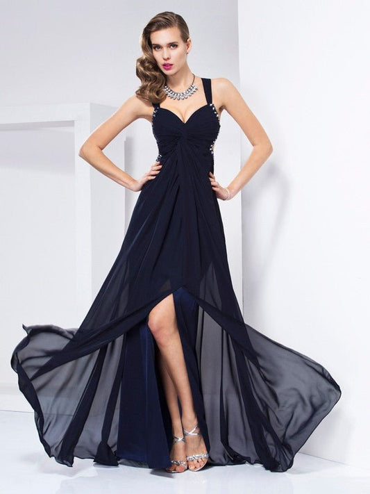 NumberSea - A - Line/Princess V - neck Sleeveless Ruffles Long Chiffon Dresses