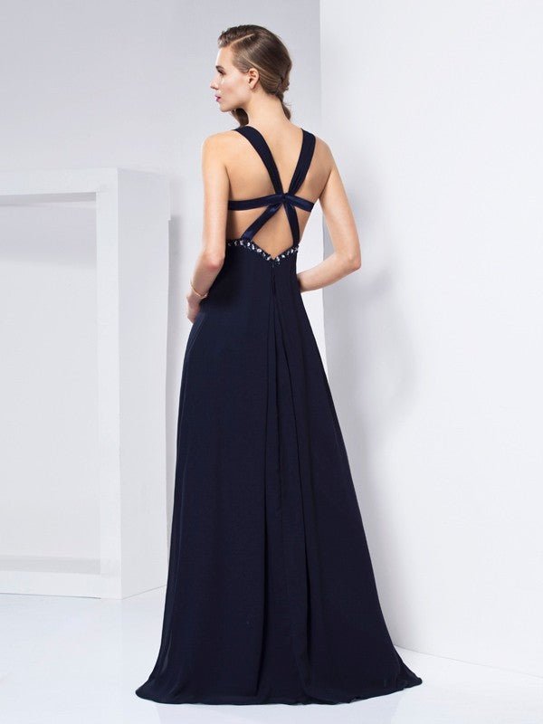 NumberSea - A - Line/Princess V - neck Sleeveless Ruffles Long Chiffon Dresses