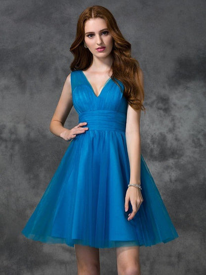 NumberSea - A - line/Princess V - neck Sleeveless Short Satin Bridesmaid Dresses