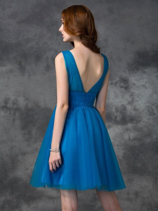 NumberSea - A - line/Princess V - neck Sleeveless Short Satin Bridesmaid Dresses