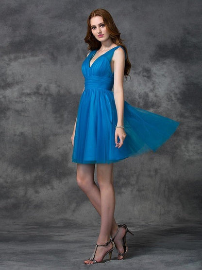 NumberSea - A - line/Princess V - neck Sleeveless Short Satin Bridesmaid Dresses