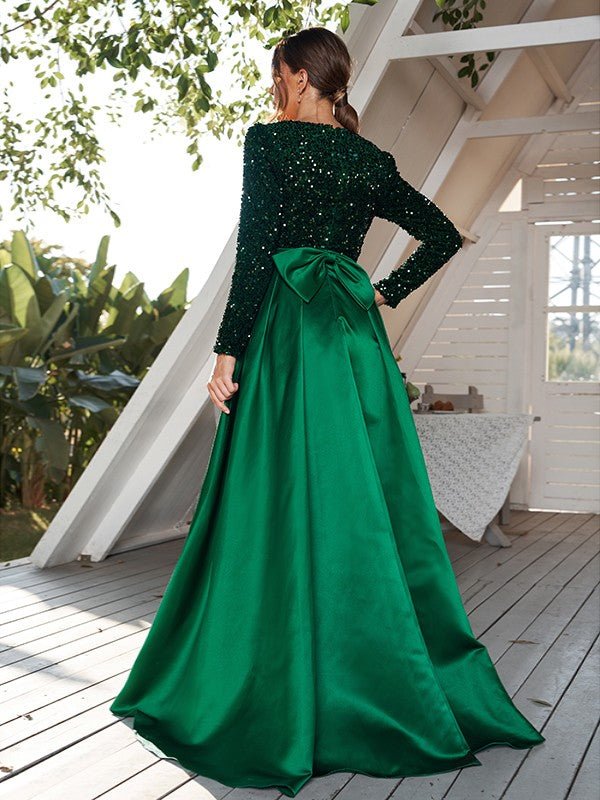 NumberSea - A - Line/Princess Velvet Sequins Bowknot V - neck Long Sleeves Sweep/Brush Train Dresses