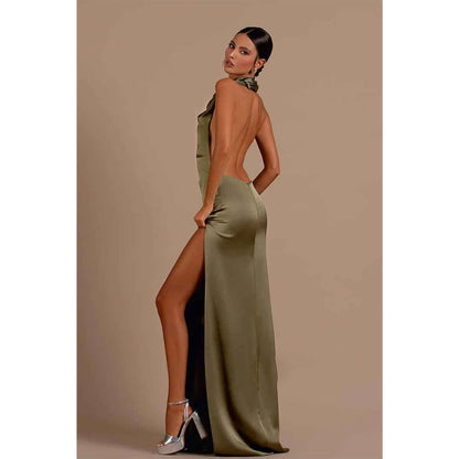 Unique Halter Pleats Backless Long Formal Party Dress