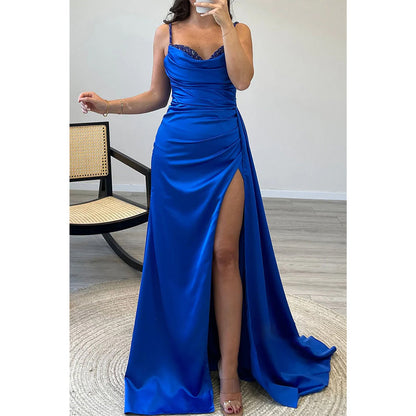 Sweetheart A-line Beaded Straps Royal Blue Long Prom Dress Evening Gown